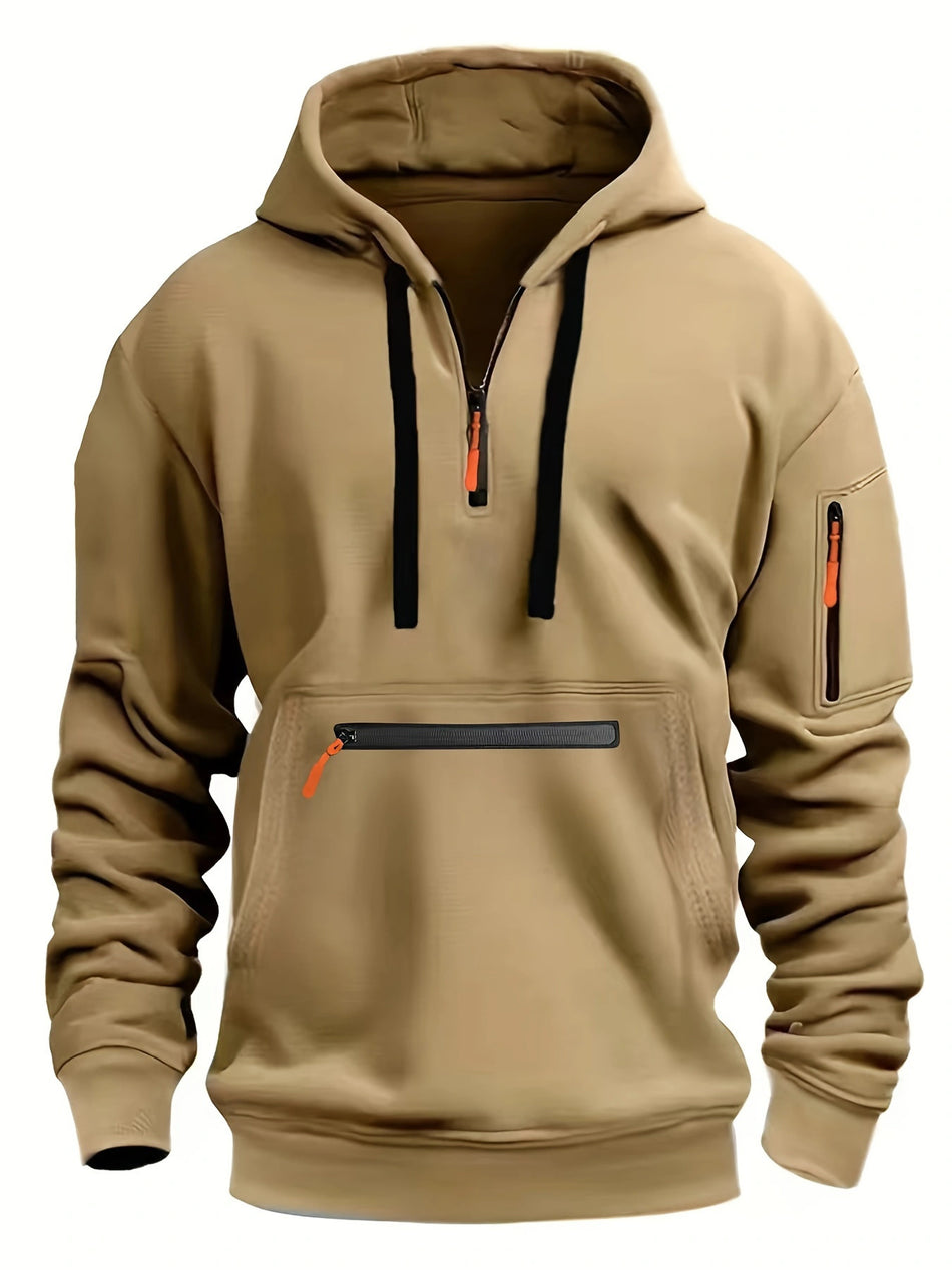 Men's Waterproof Multi-Pocket Hoodie - Loose Fit Wool Lined Zipper Hooded Sweatshirt for Autumn