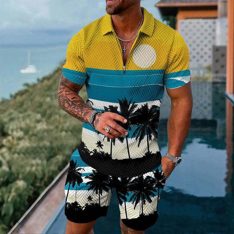Men's Mesh Zipper Short Sleeve Tracksuit - Casual Summer Sports Set with Shorts