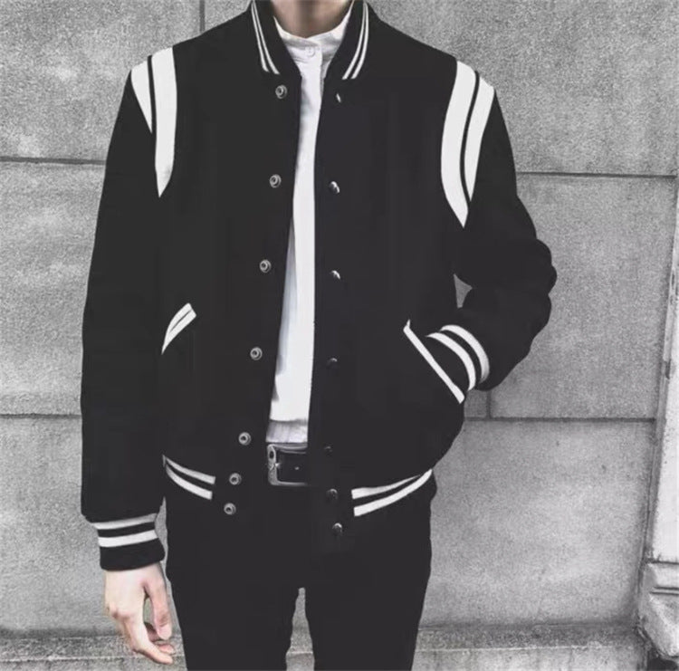 Men's Aviator Wool Jacket - Black and White Stitching Spring Autumn Bomber