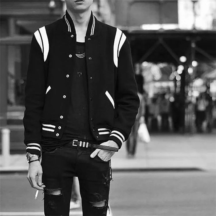 Men's Aviator Wool Jacket - Black and White Stitching Spring Autumn Bomber