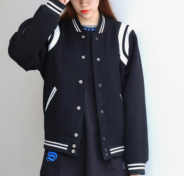 Men's Aviator Wool Jacket - Black and White Stitching Spring Autumn Bomber