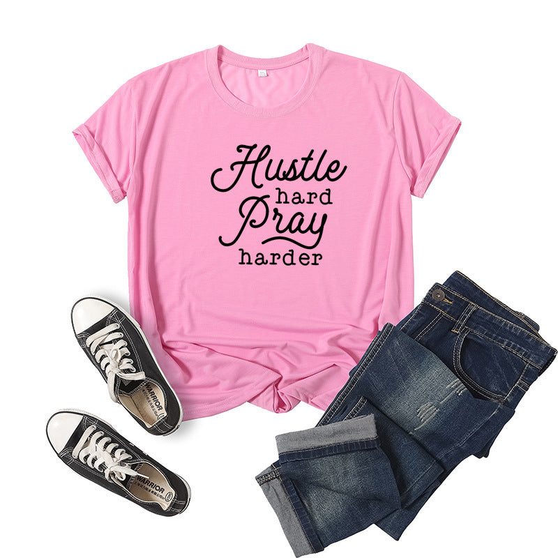 Hustle Hard Pray Harder T-Shirt - Men's Motivational Letter Print Short Sleeve Tee