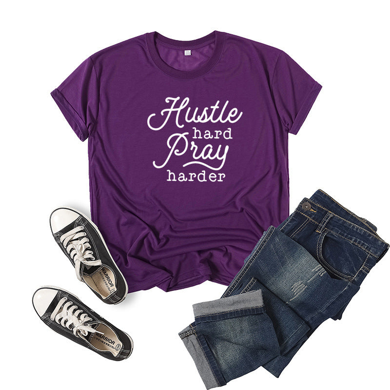 Hustle Hard Pray Harder T-Shirt - Men's Motivational Letter Print Short Sleeve Tee
