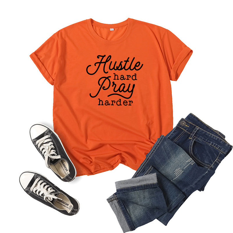 Hustle Hard Pray Harder T-Shirt - Men's Motivational Letter Print Short Sleeve Tee