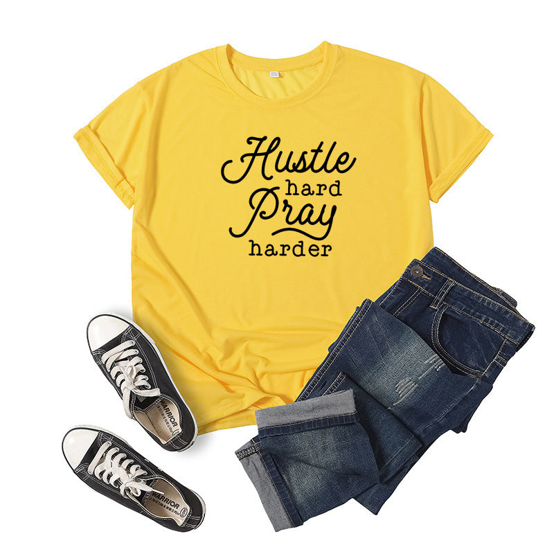 Hustle Hard Pray Harder T-Shirt - Men's Motivational Letter Print Short Sleeve Tee