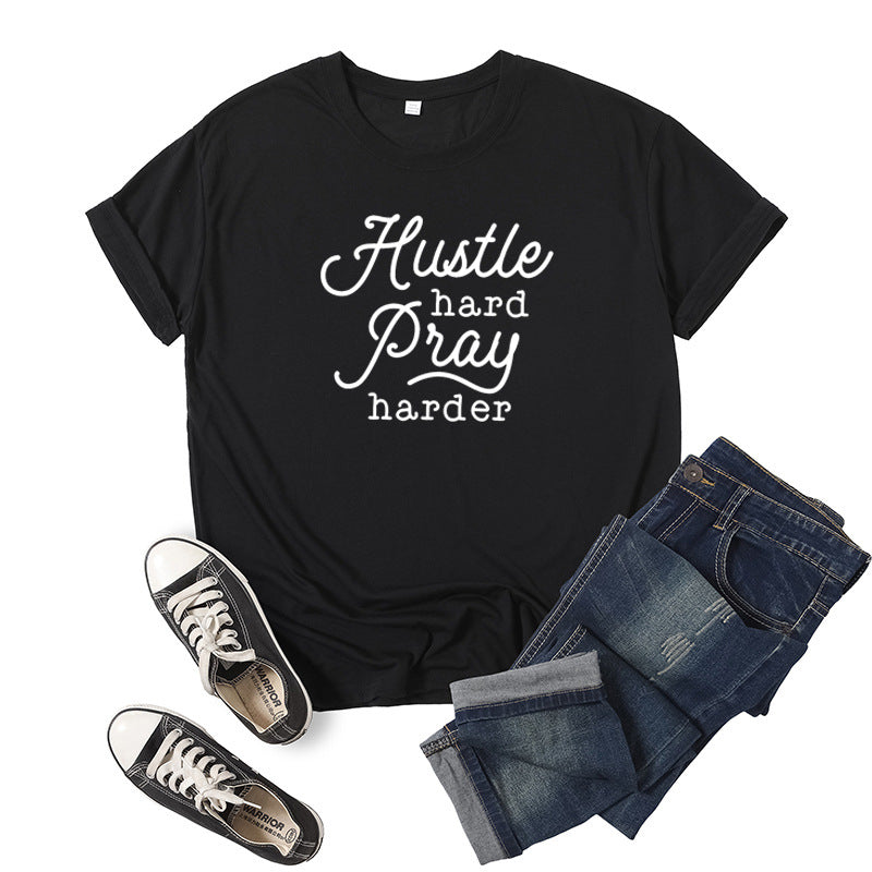 Hustle Hard Pray Harder T-Shirt - Men's Motivational Letter Print Short Sleeve Tee