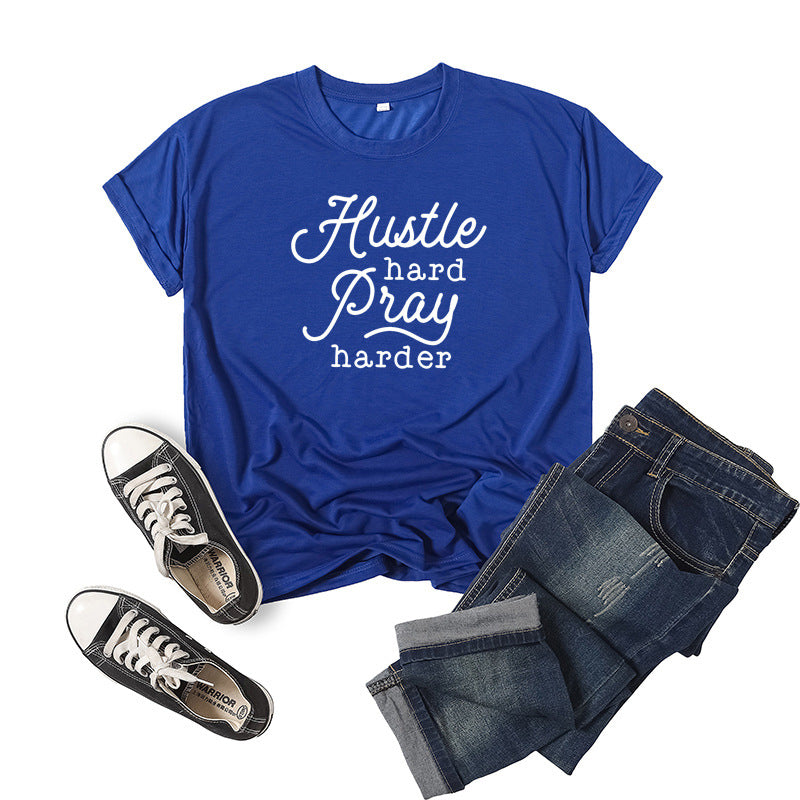 Hustle Hard Pray Harder T-Shirt - Men's Motivational Letter Print Short Sleeve Tee