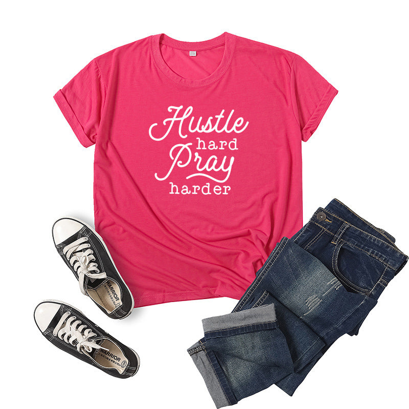 Hustle Hard Pray Harder T-Shirt - Men's Motivational Letter Print Short Sleeve Tee