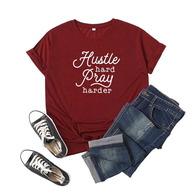 Hustle Hard Pray Harder T-Shirt - Men's Motivational Letter Print Short Sleeve Tee