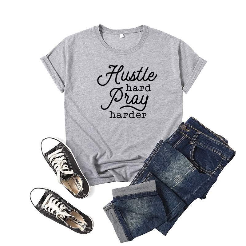Hustle Hard Pray Harder T-Shirt - Men's Motivational Letter Print Short Sleeve Tee