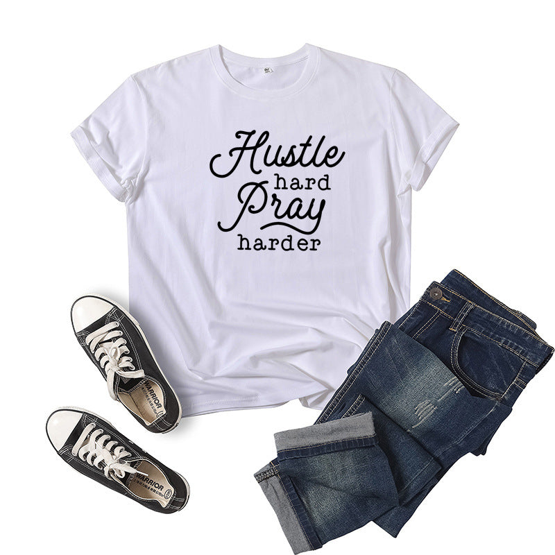 Hustle Hard Pray Harder T-Shirt - Men's Motivational Letter Print Short Sleeve Tee