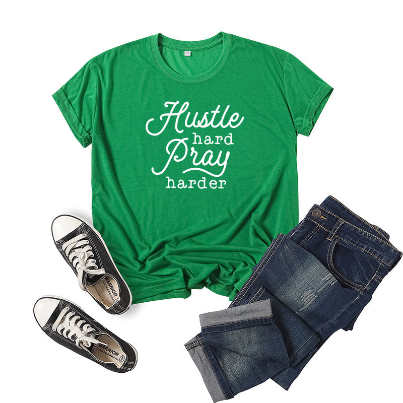 Hustle Hard Pray Harder T-Shirt - Men's Motivational Letter Print Short Sleeve Tee