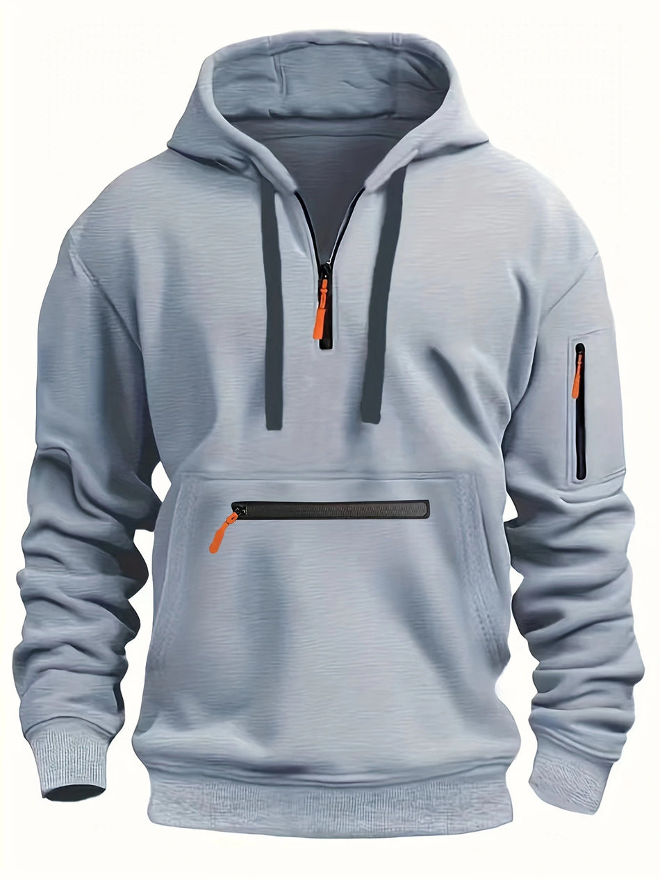Men's Waterproof Multi-Pocket Hoodie - Loose Fit Wool Lined Zipper Hooded Sweatshirt for Autumn