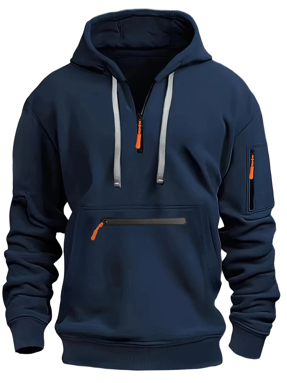 Men's Waterproof Multi-Pocket Hoodie - Loose Fit Wool Lined Zipper Hooded Sweatshirt for Autumn
