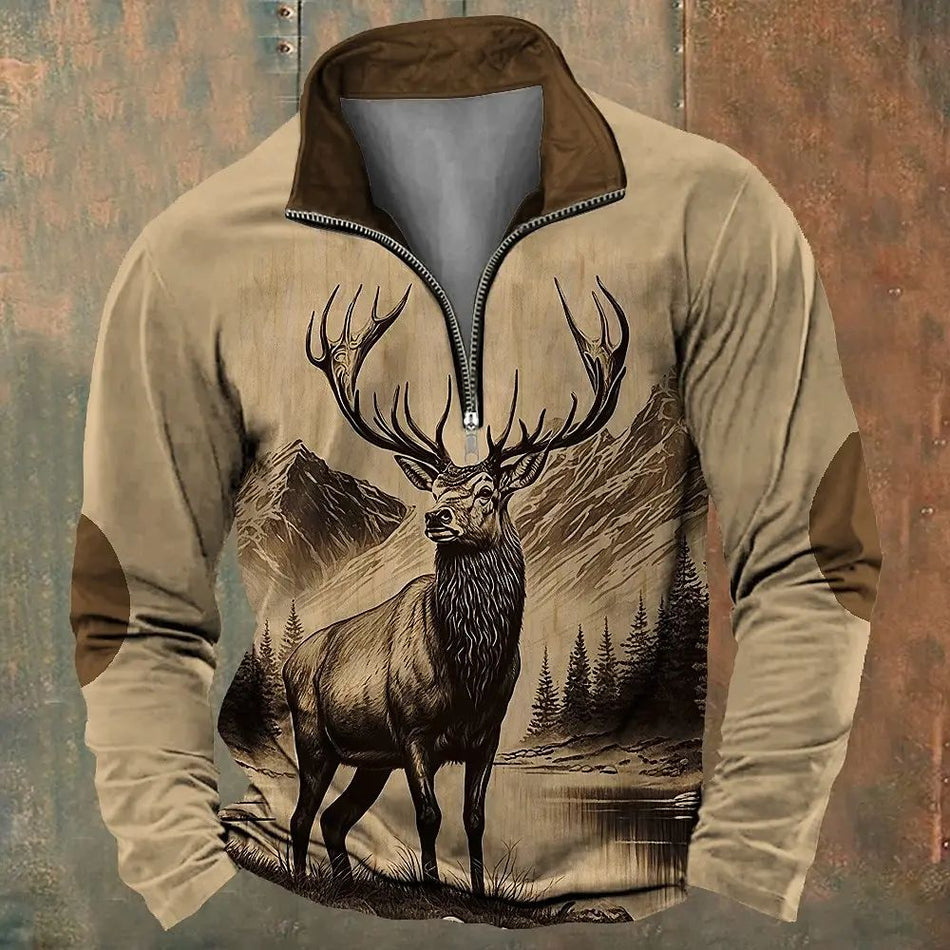 Men's Deer Print Half-Zip Hoodie - Casual Stand-Up Collar Long Sleeve Sweatshirt