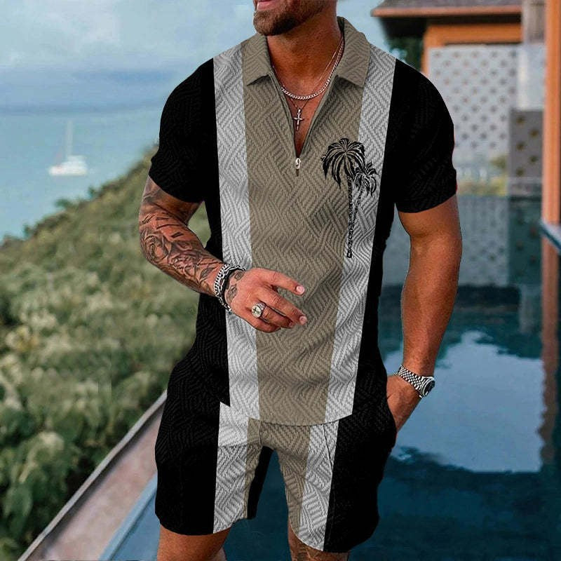 Men's Mesh Zipper Short Sleeve Tracksuit - Casual Summer Sports Set with Shorts