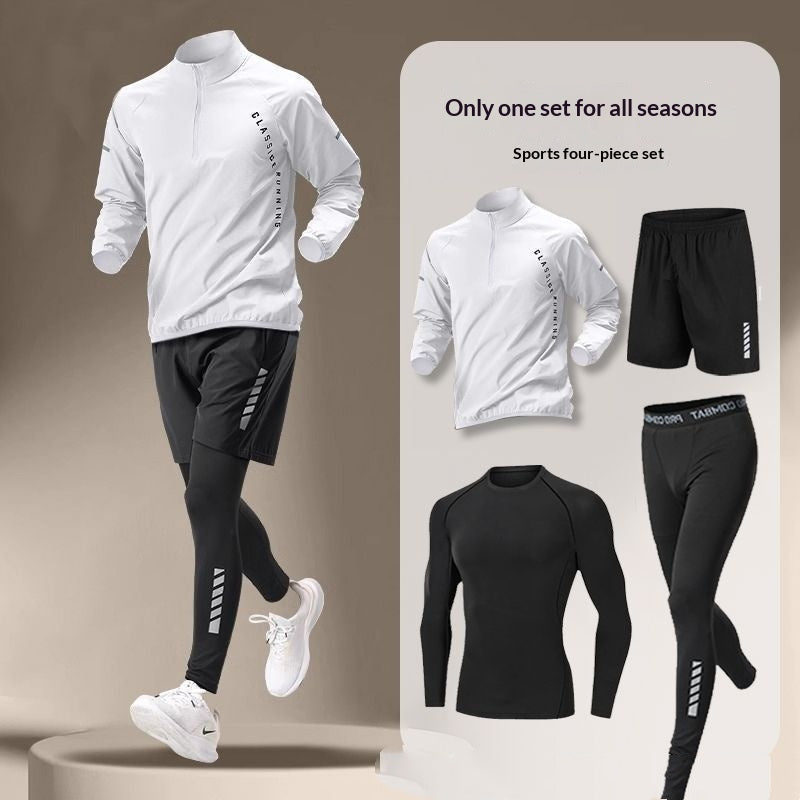 Men's 4-Piece Ice Silk Fitness Set - Quick Dry Summer Sportswear with Long Sleeve Shirt, Shorts & Pants