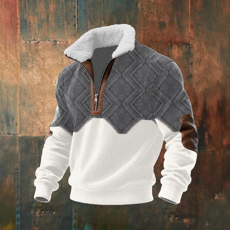 Men's Printed Pullover with Faux Fur Collar - Loose Fit Casual Long Sleeve Top
