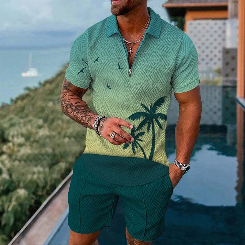 Men's Mesh Zipper Short Sleeve Tracksuit - Casual Summer Sports Set with Shorts