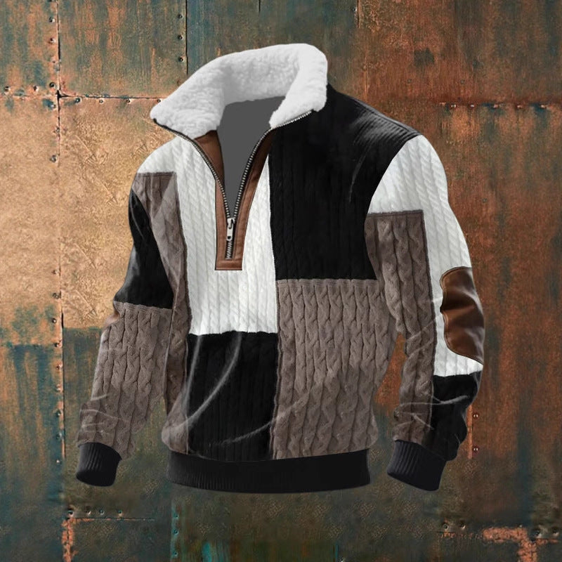 Men's Printed Pullover with Faux Fur Collar - Loose Fit Casual Long Sleeve Top