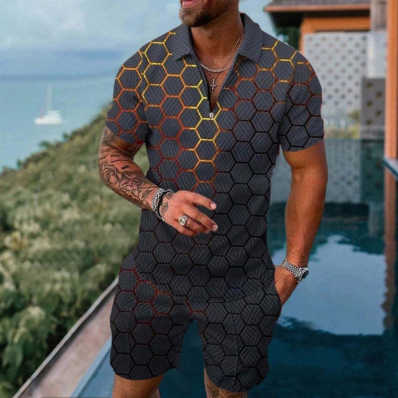 Men's Mesh Zipper Short Sleeve Tracksuit - Casual Summer Sports Set with Shorts
