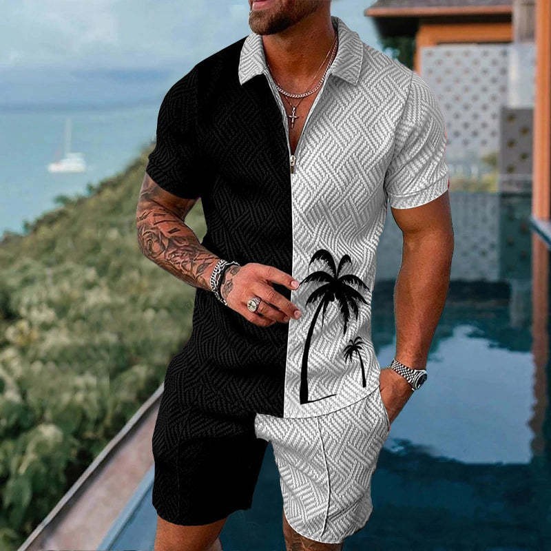 Men's Mesh Zipper Short Sleeve Tracksuit - Casual Summer Sports Set with Shorts