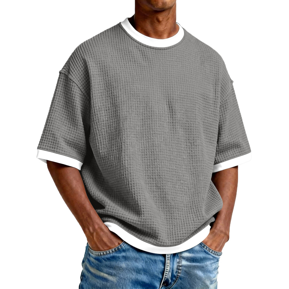 Men's Crew Neck Contrast Color Casual T-Shirt - Cotton Blend Lightweight Short Sleeve Top For Daily Wear