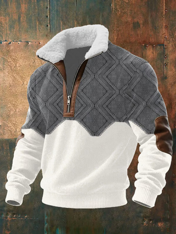 Men's Printed Pullover with Faux Fur Collar - Loose Fit Casual Long Sleeve Top
