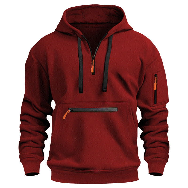 Men's Waterproof Multi-Pocket Hoodie - Loose Fit Wool Lined Zipper Hooded Sweatshirt for Autumn