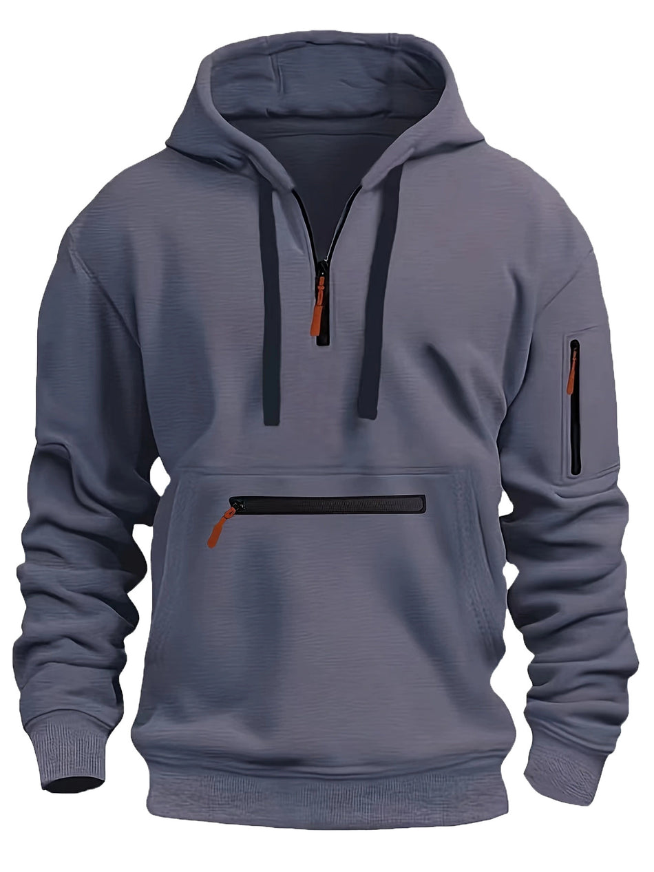 Men's Waterproof Multi-Pocket Hoodie - Loose Fit Wool Lined Zipper Hooded Sweatshirt for Autumn