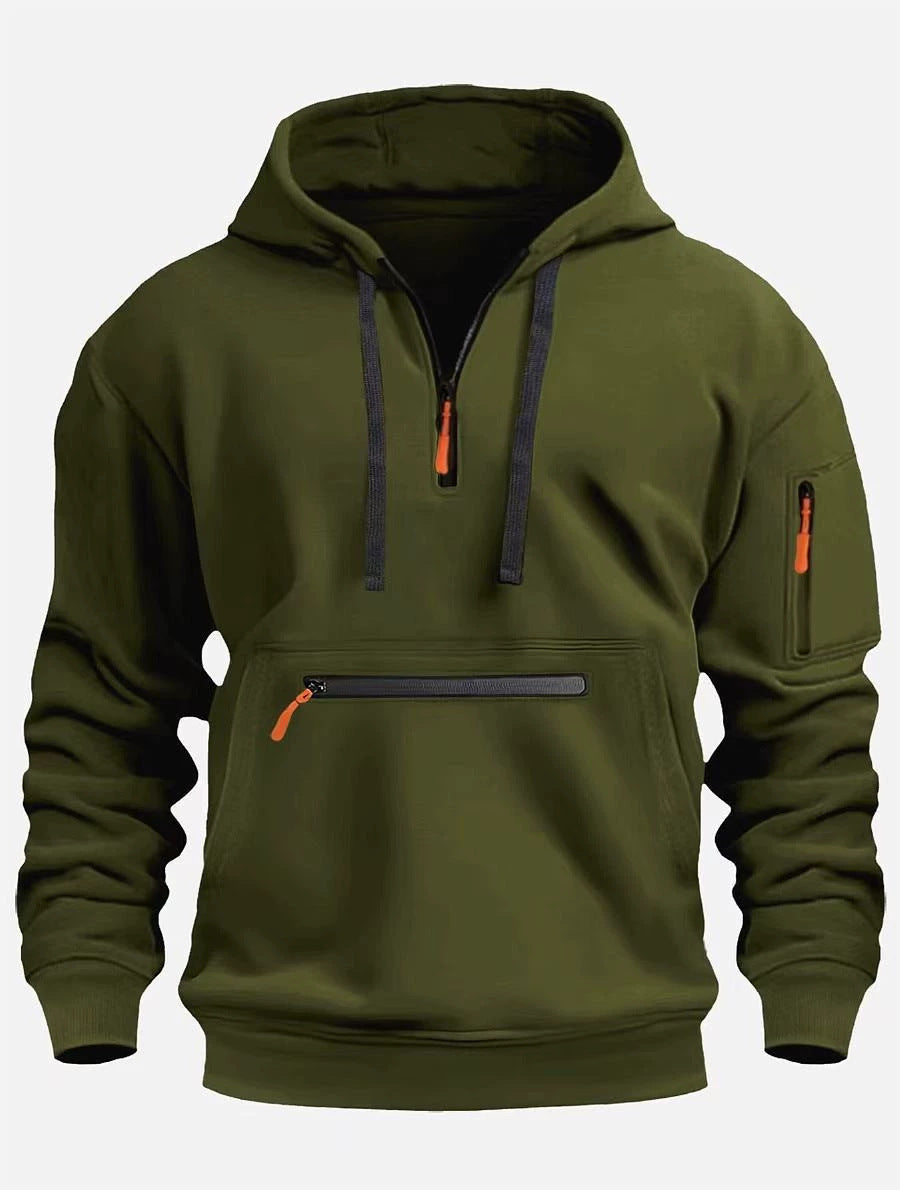 Men's Waterproof Multi-Pocket Hoodie - Loose Fit Wool Lined Zipper Hooded Sweatshirt for Autumn