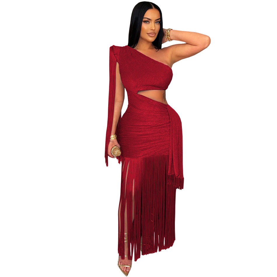 Fashionable Womens Sexy Casual One-Shoulder Tassel Dress