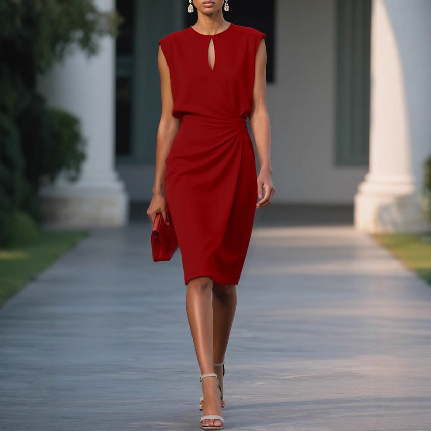 Women's Retro Elegant Solid Color Cross Front Knotted Round Neck Hollow Out Dress - Lightweight Summer Casual A-Line Midi Dress Party Dresses