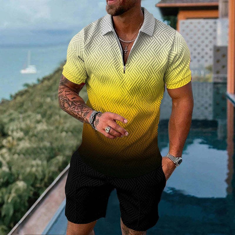 Men's Mesh Zipper Short Sleeve Tracksuit - Casual Summer Sports Set with Shorts