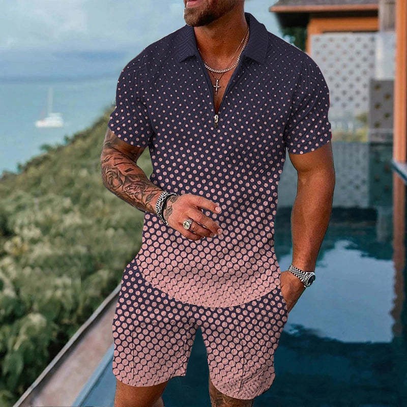Men's Mesh Zipper Short Sleeve Tracksuit - Casual Summer Sports Set with Shorts