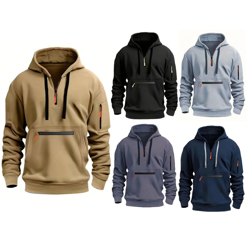 Men's Waterproof Multi-Pocket Hoodie - Loose Fit Wool Lined Zipper Hooded Sweatshirt for Autumn