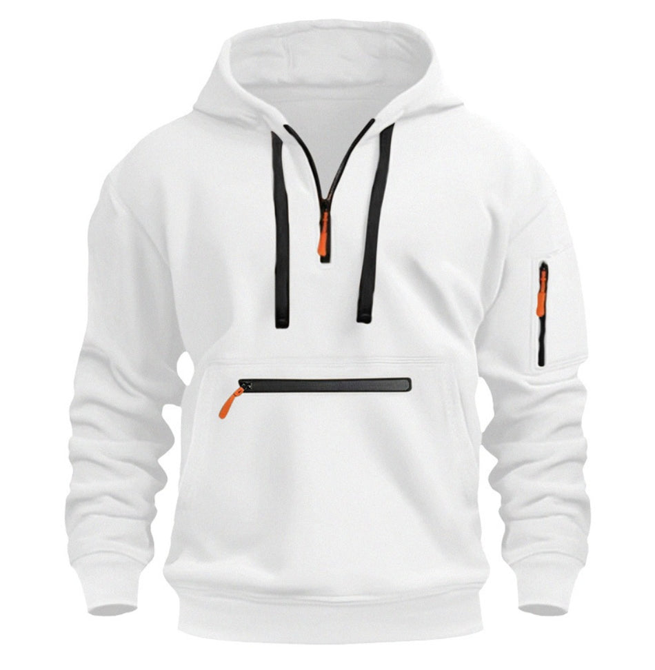 Men's Waterproof Multi-Pocket Hoodie - Loose Fit Wool Lined Zipper Hooded Sweatshirt for Autumn