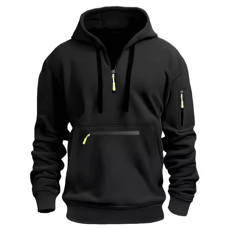Men's Waterproof Multi-Pocket Hoodie - Loose Fit Wool Lined Zipper Hooded Sweatshirt for Autumn
