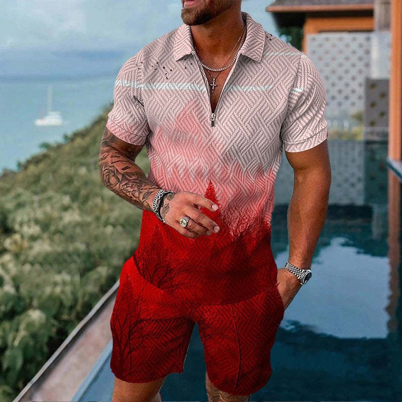 Men's Mesh Zipper Short Sleeve Tracksuit - Casual Summer Sports Set with Shorts