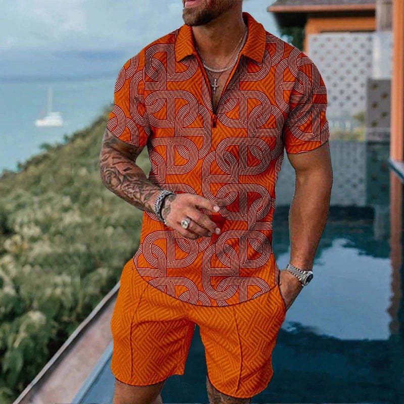 Men's Mesh Zipper Short Sleeve Tracksuit - Casual Summer Sports Set with Shorts