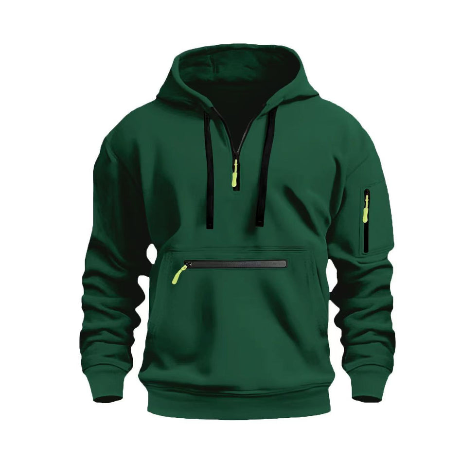 Men's Waterproof Multi-Pocket Hoodie - Loose Fit Wool Lined Zipper Hooded Sweatshirt for Autumn