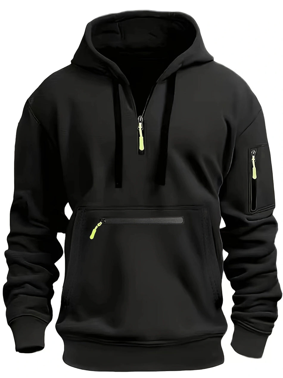 Men's Waterproof Multi-Pocket Hoodie - Loose Fit Wool Lined Zipper Hooded Sweatshirt for Autumn
