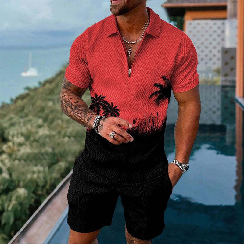 Men's Mesh Zipper Short Sleeve Tracksuit - Casual Summer Sports Set with Shorts